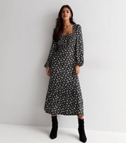 New Look Black Ditsy Floral Square Neck Long Puff Sleeve Midi Dress